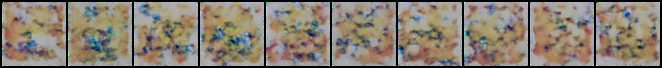 Epoch 50: ten generated samples that are essentially random colorful blobs with hints of circular shape