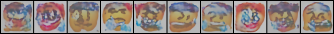 Epoch 200: ten generated samples that look like distorted face-shaped color regions with mouth-like horizontal stripes