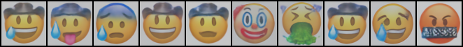 Epoch 600: ten generated samples that are clearly recognizable emoji faces, including a smiling cowboy, a smiling cowboy with sweat, a vomiting face, an angry face