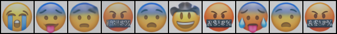 Epoch 1200: ten generated samples showing crisper face emojis including a crying face, a sweating face with stuck-out tongue, a face with a cowboy hat, an angry expression