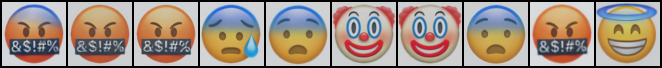 Epoch 2000: ten final generated samples including angry-with-symbols faces, sweat faces, clown faces, and an angel face